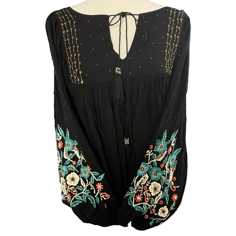 Floreat Sm Black Embroidered Beaded Floral Blouse Top Boho‎ Peasant Whimsigoth